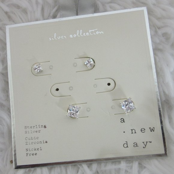 a new day Stud Earrings Sterling Silver Cubic Zirconia Square Cut Stones 2 Pairs - Picture 1 of 6